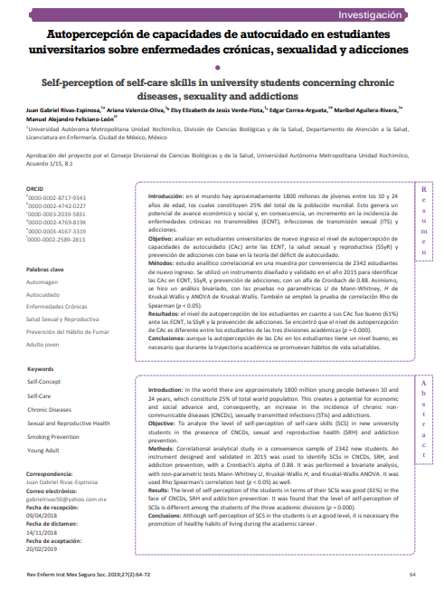 Autopercepción de capacidades de autocuidado en estudiantes universitarios sobre enfermedades crónicas, sexualidad y adicciones