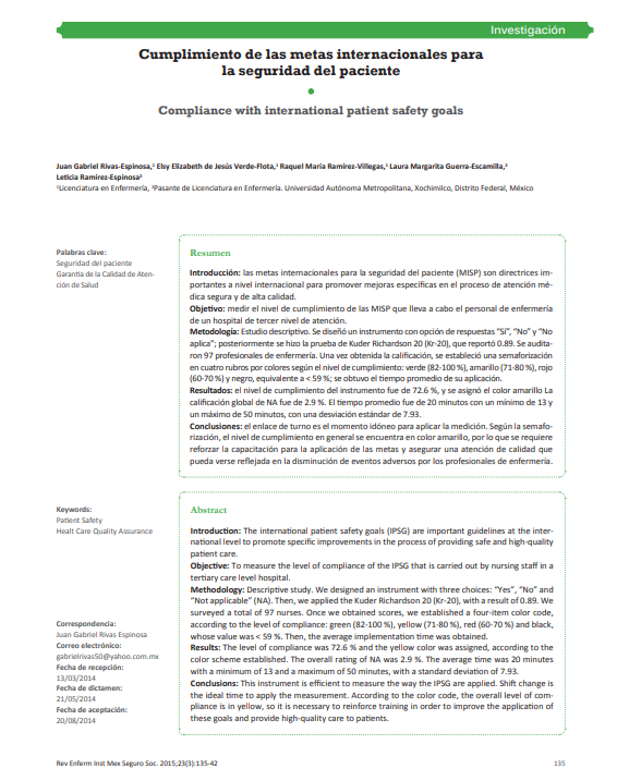 Cumplimiento de las metas internacionales para la seguridad del paciente