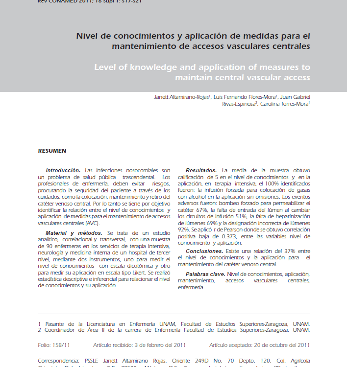 Nivel de conocimientos y aplicación de medidas para el mantenimiento de accesos vasculares centrales 