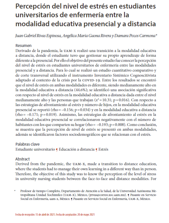 Percepción del nivel de estrés en estudiantes universitarios de enfermería entre la modalidad educativa presencial y a distancia