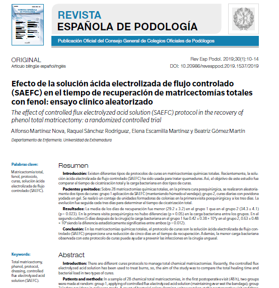 Efecto de la solución ácida electrolizada de flujo controlado (SAEFC) en el tiempo de recuperación de matricectomías totales con fenol: ensayo clínico aleatorizado